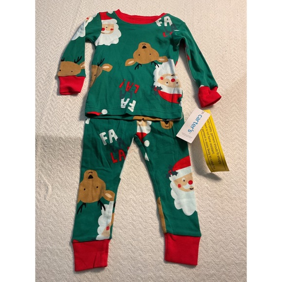 Carters 12M Christmas Pajamas Set Santa Reindeer Fa La La Green Red NWT - Picture 1 of 6